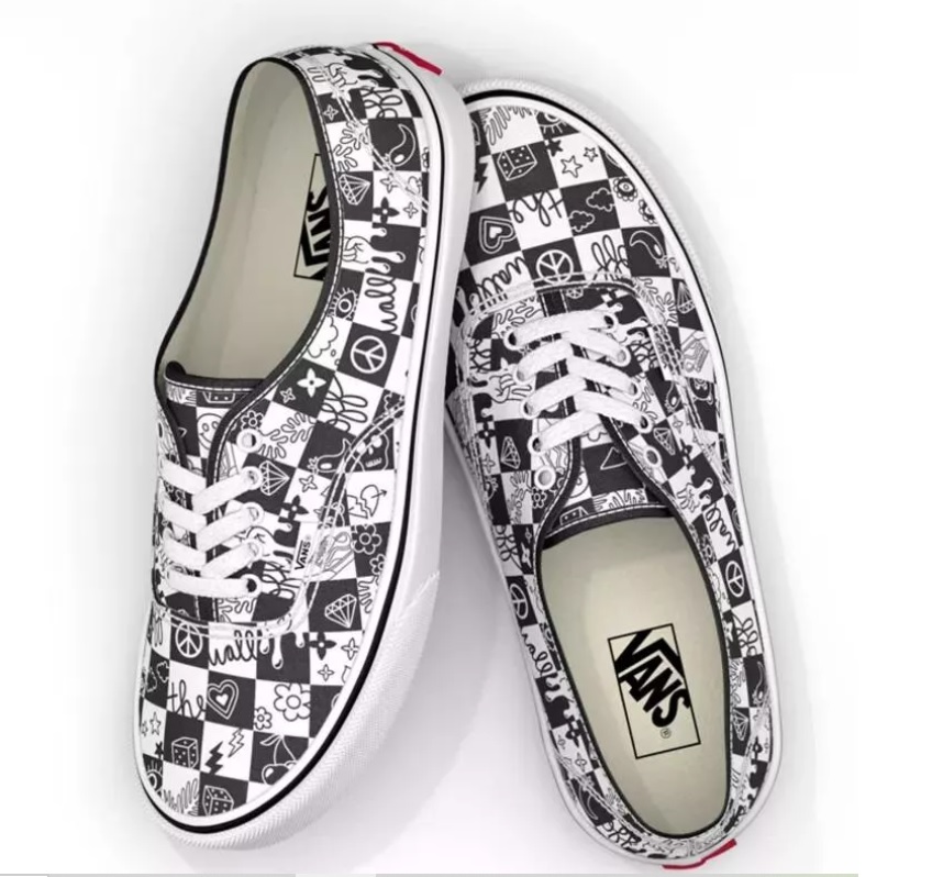 Artistic Authentic Sneakers Vans Doodle | Checkerboard Motif on Sneakers